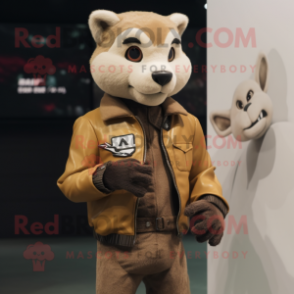 Beige Marten mascot costume character dressed with a Biker Jacket and Smartwatches
