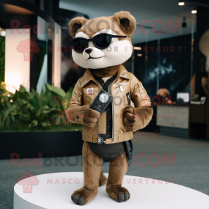 Beige Marten mascot costume character dressed with a Biker Jacket and Smartwatches