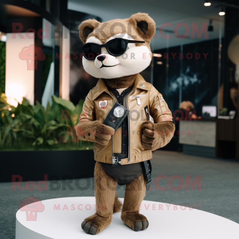Beige Marten mascot costume character dressed with a Biker Jacket and Smartwatches Beige Marten mascot costume character dressed with a Biker Jacket and Smartwatches