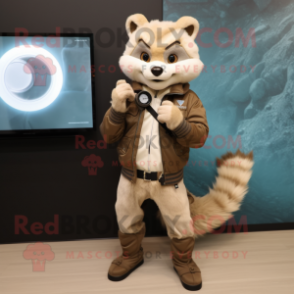 Beige Marten mascot costume character dressed with a Biker Jacket and Smartwatches