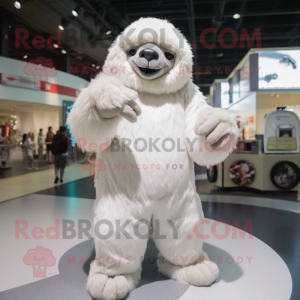 White Giant Sloth mascot costume character dressed with a Romper and Gloves