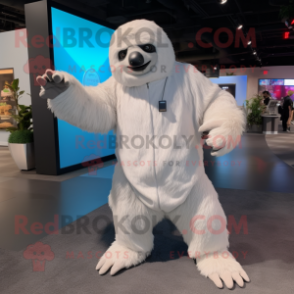 White Giant Sloth mascot costume character dressed with a Romper and Gloves