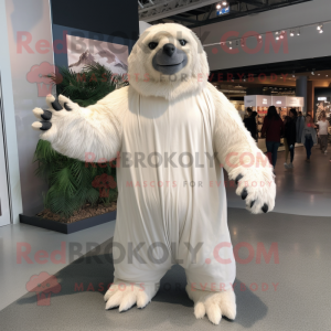 White Giant Sloth mascot costume character dressed with a Romper and Gloves