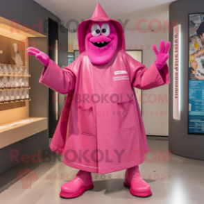 Pink Goulash mascot costume character dressed with a Raincoat and Handbags