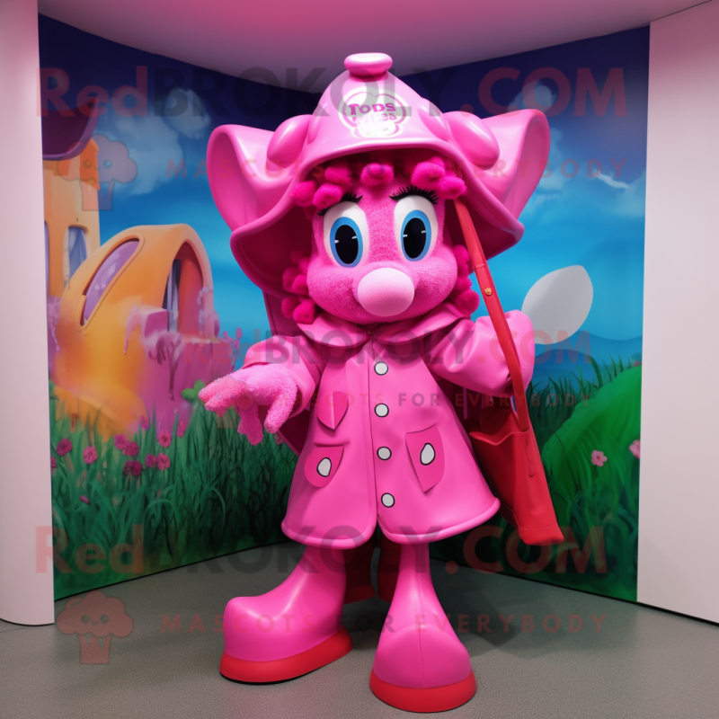 Pink Goulash mascot costume character dressed with a Raincoat and Handbags