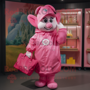 Pink Goulash mascot costume character dressed with a Raincoat and Handbags