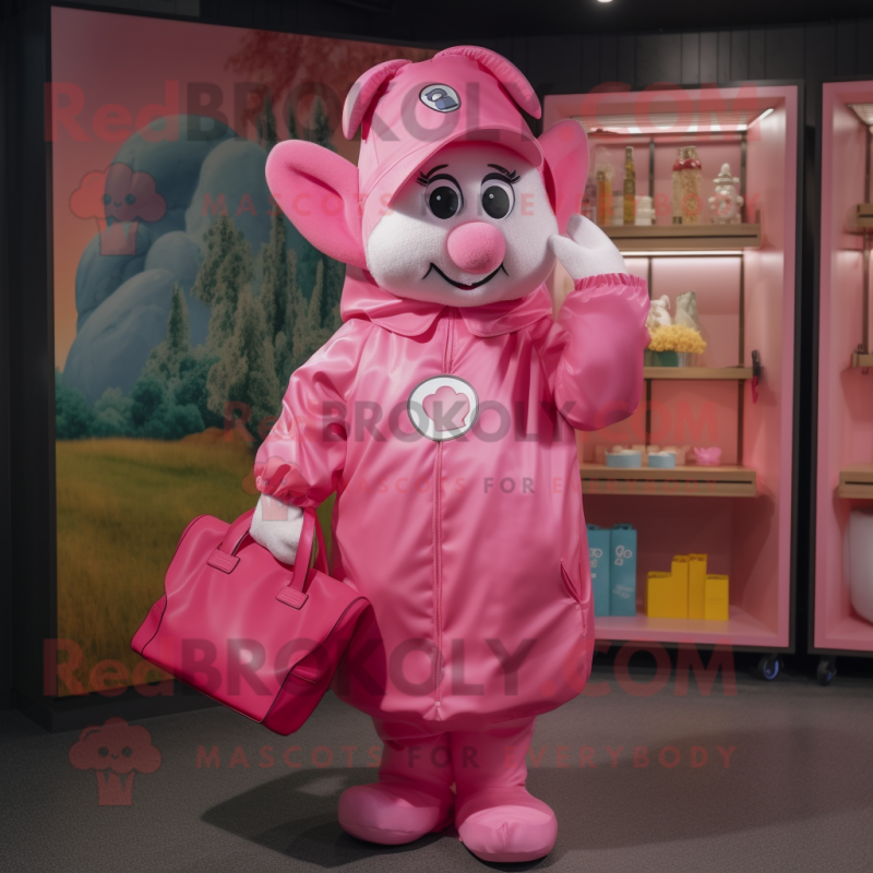 Pink Goulash mascot costume character dressed with a Raincoat and Handbags Pink Goulash mascot costume character dressed with a Raincoat and Handbags