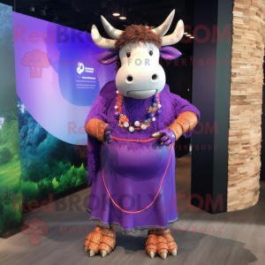 Purple Bull mascot costume character dressed with a Wrap Dress and Bracelets