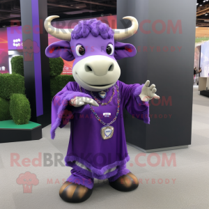 Purple Bull mascot costume character dressed with a Wrap Dress and Bracelets