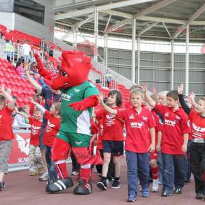 Mascotte drago rosso in abiti sportivi verdi - Redbrokoly.com