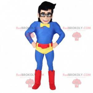 Superhero mascot with glasses and a colorful outfit -