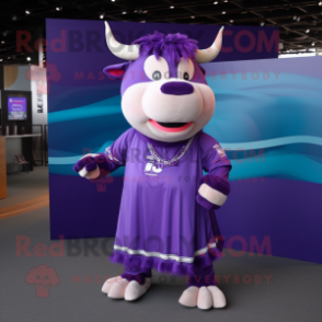 Purple Bull mascot costume character dressed with a Wrap Dress and Bracelets