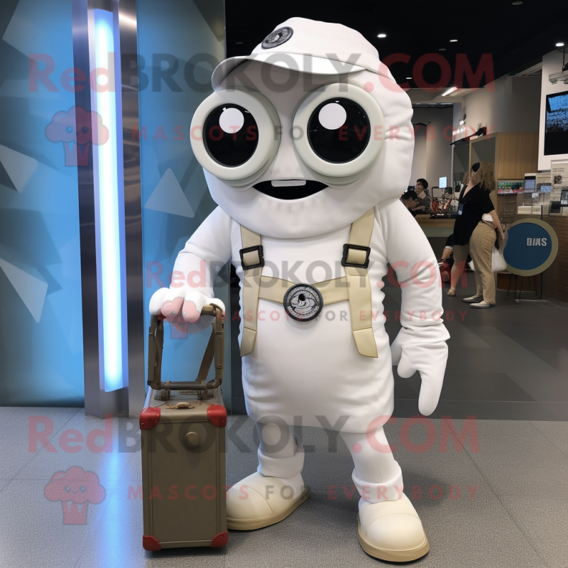 White Cyclops mascot costume character dressed with a Overalls and Briefcases White Cyclops mascot costume character dressed with a Overalls and Briefcases