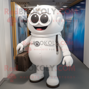 White Cyclops mascot costume character dressed with a Overalls and Briefcases