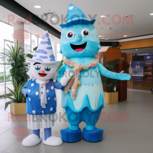 Blue Ice Cream mascot costume character dressed with a Maxi Dress and Caps