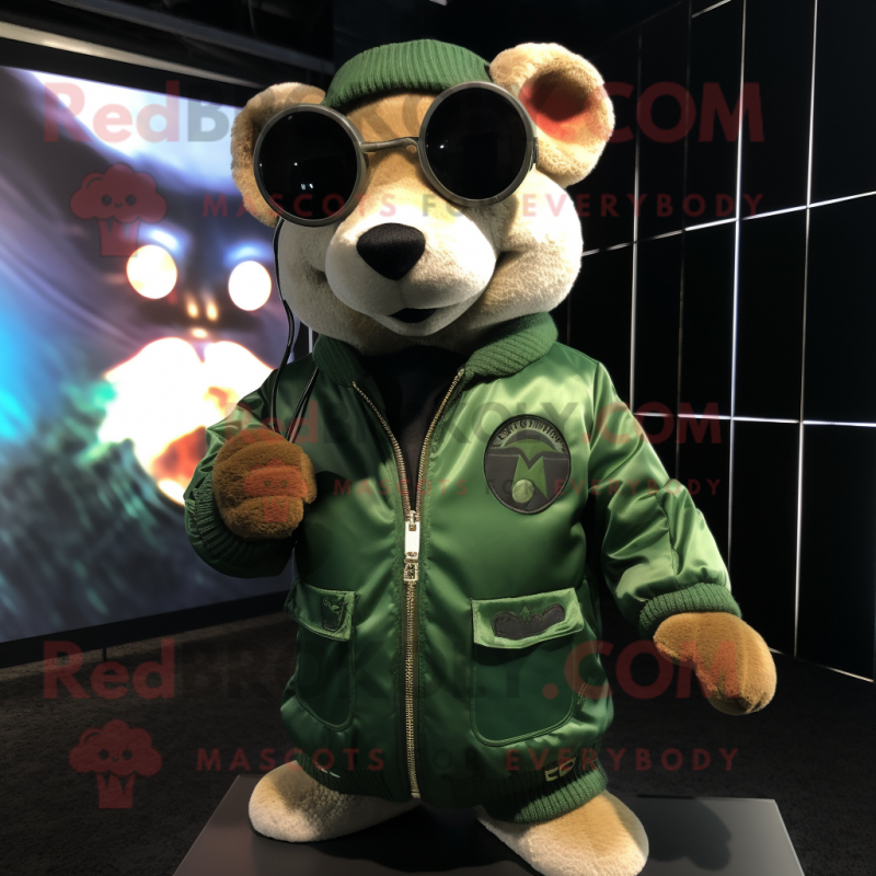 Forest Green Weasel mascot costume character dressed with a Bomber Jacket and Sunglasses Forest Green Weasel mascot costume character dressed with a Bomber Jacket and Sunglasses