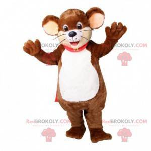 Mascot gran ratón marrón y blanco dulce y sonriente -