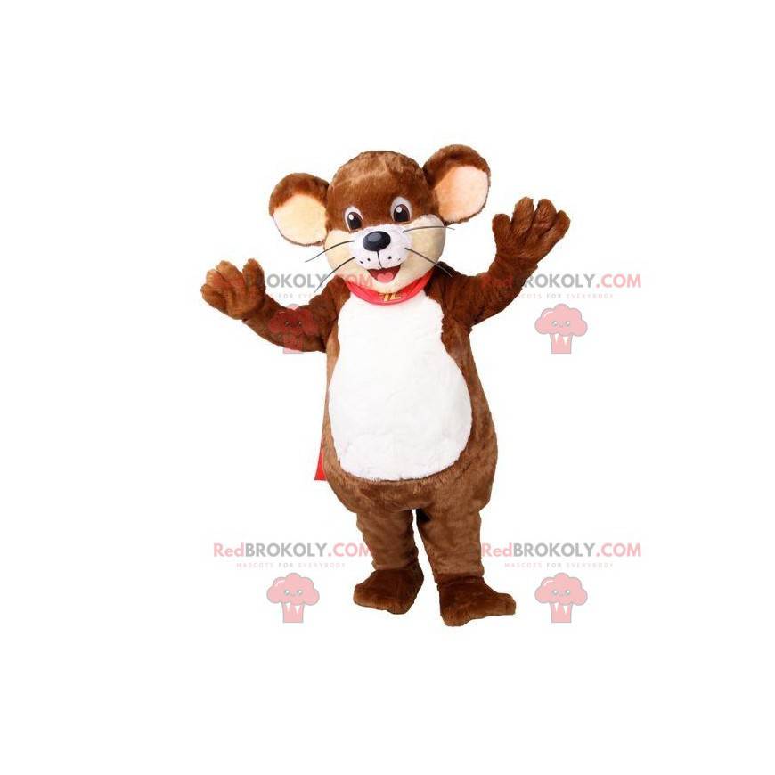 Mascot gran ratón marrón y blanco dulce y sonriente -