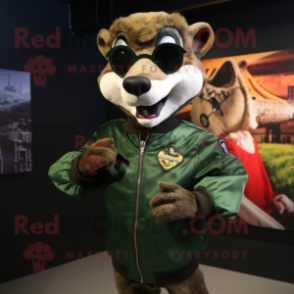 Forest Green Weasel mascot costume character dressed with a Bomber Jacket and Sunglasses