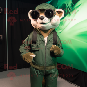 Forest Green Weasel mascot costume character dressed with a Bomber Jacket and Sunglasses