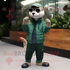 Forest Green Weasel mascot costume character dressed with a Bomber Jacket and Sunglasses