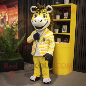 Yellow Zebra mascot costume character dressed with a Suit Jacket and Coin purses