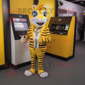 Yellow Zebra mascot costume character dressed with a Suit Jacket and Coin purses