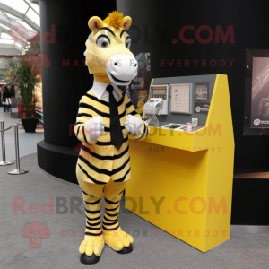 Yellow Zebra mascot costume character dressed with a Suit Jacket and Coin purses