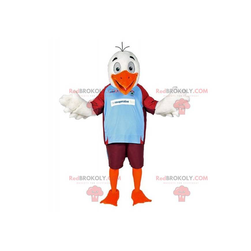 Witte en oranje zeemeeuwvogelmascotte in sportkleding -