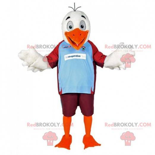 Mascote pássaro gaivota branca e laranja em roupas esportivas -