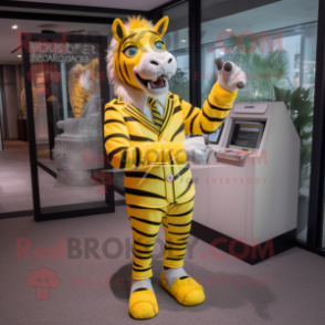 Yellow Zebra mascot costume character dressed with a Suit Jacket and Coin purses