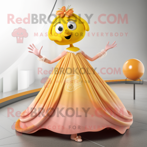 Peach Tightrope Walker mascot costume character dressed with a Ball Gown and Scarves