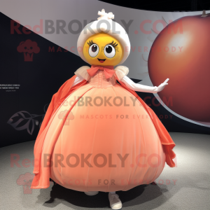 Peach Tightrope Walker mascot costume character dressed with a Ball Gown and Scarves