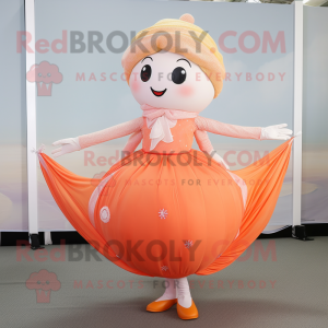 Peach Tightrope Walker mascot costume character dressed with a Ball Gown and Scarves