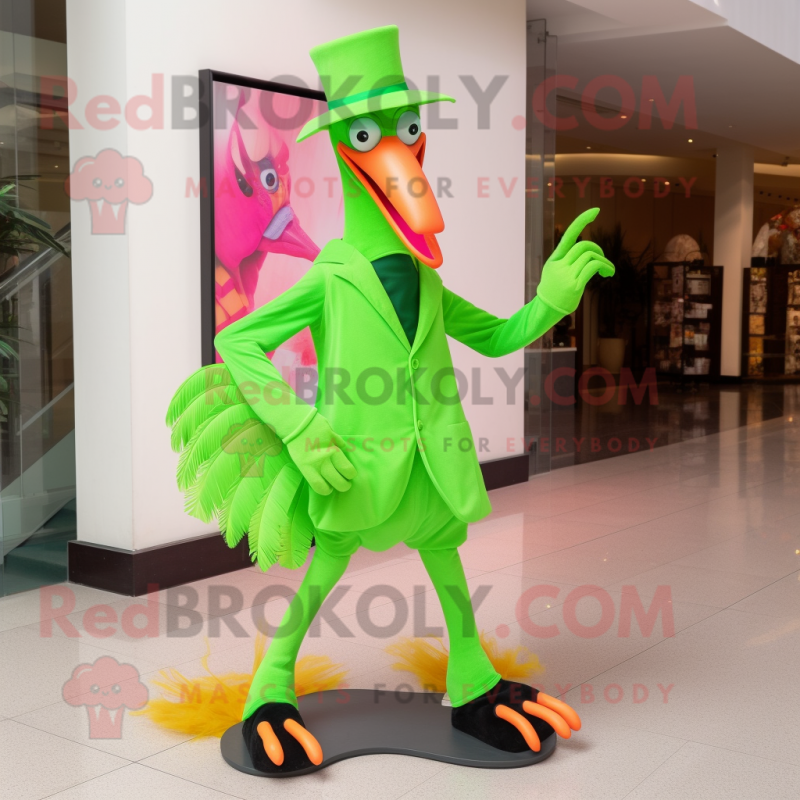 Lime Green Flamingo mascot costume character dressed with a Bodysuit and Hats