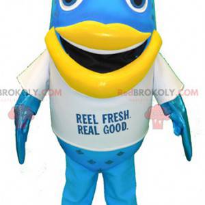 Grande mascote de peixe azul e amarelo divertido -
