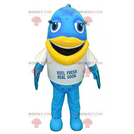 Grande mascote de peixe azul e amarelo divertido -