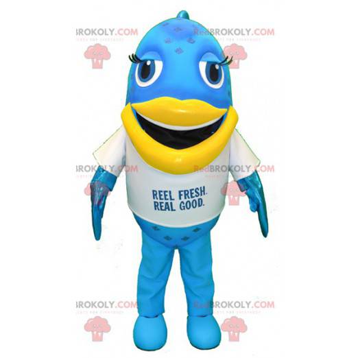 Stor blå och gul rolig fiskmaskot - Redbrokoly.com