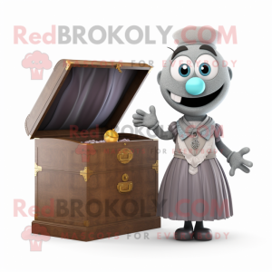 Gray Treasure Chest mascot costume character dressed with a Ball Gown and Ties