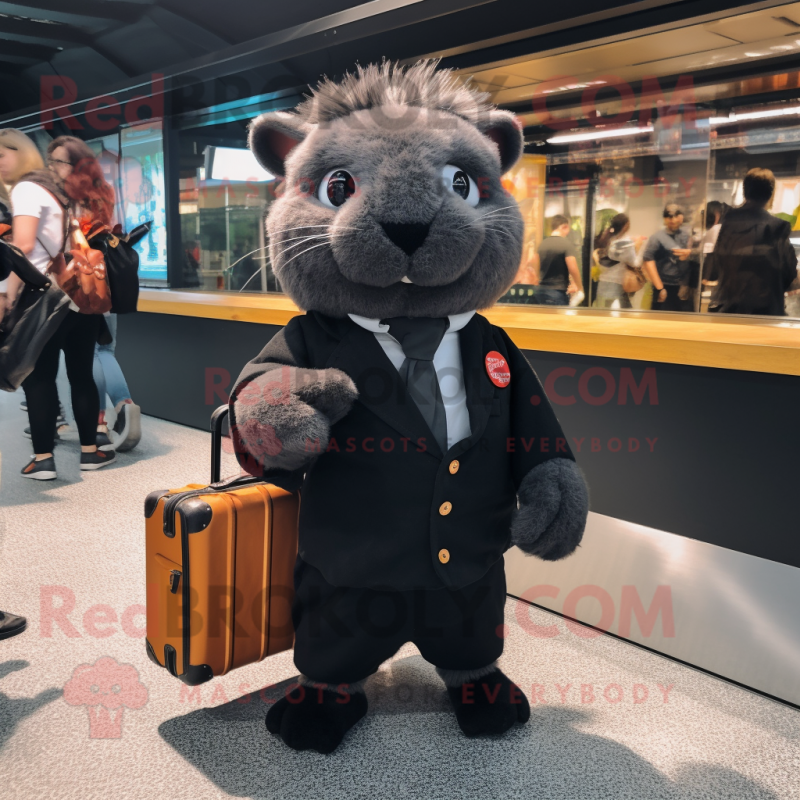 Black Guinea Pig mascot costume character dressed with a Jeggings and Briefcases Black Guinea Pig mascot costume character dressed with a Jeggings and Briefcases