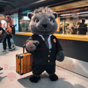 Black Guinea Pig mascot costume character dressed with a Jeggings and Briefcases