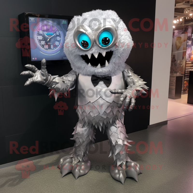 Silver Demon mascot costume character dressed with a Blouse and Digital watches