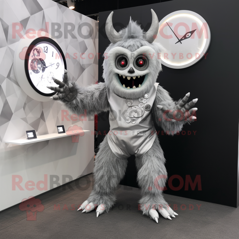 Silver Demon mascot costume character dressed with a Blouse and Digital watches Silver Demon mascot costume character dressed with a Blouse and Digital watches