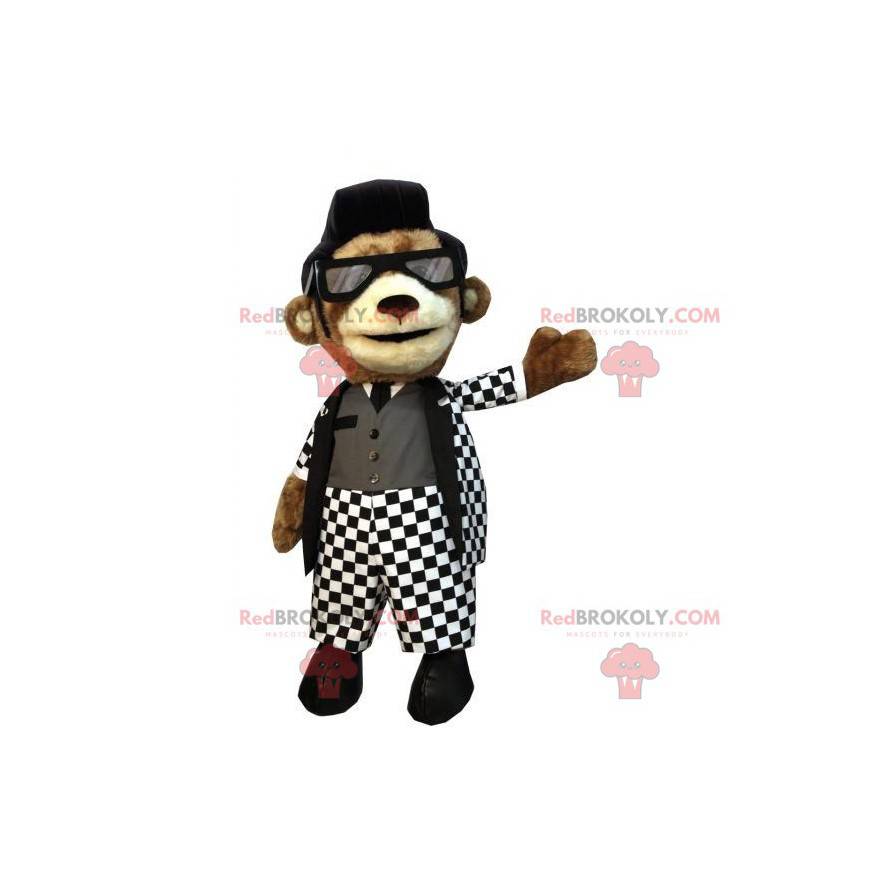 Brown teddy bear mascot with a white and black rock outfit -