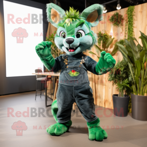 Green Lynx mascot costume character dressed with a Dungarees and Earrings