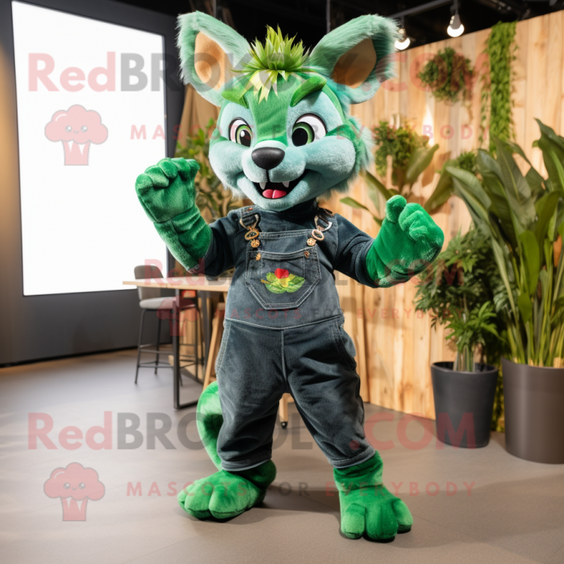 Green Lynx mascot costume character dressed with a Dungarees and Earrings Green Lynx mascot costume character dressed with a Dungarees and Earrings