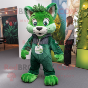 Green Lynx mascot costume character dressed with a Dungarees and Earrings