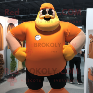 Orange Strongman mascot costume character dressed with a Polo Shirt and Headbands