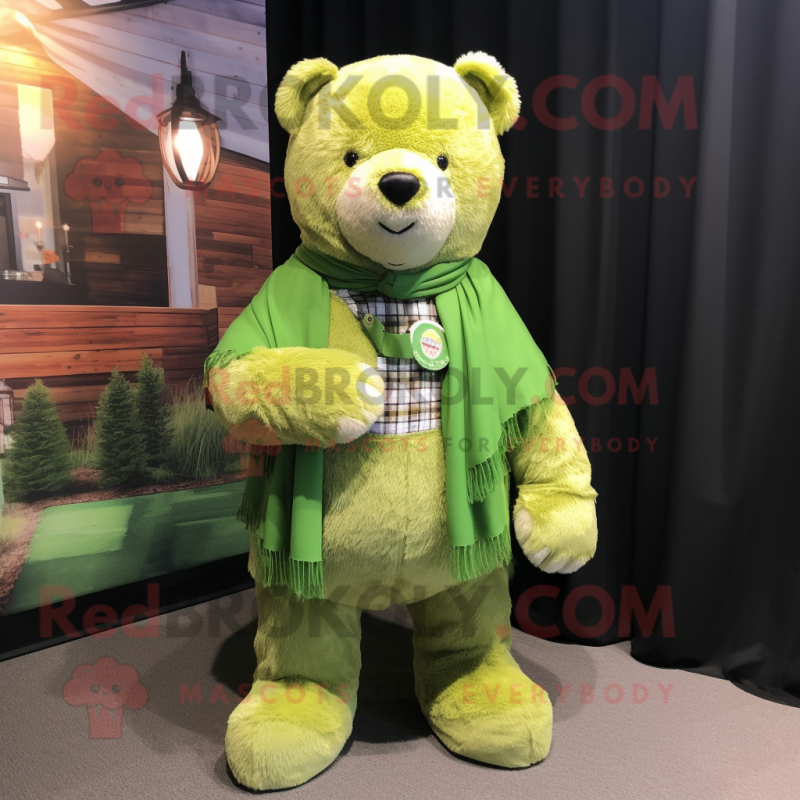 Lime Green Teddy Bear mascot costume character dressed with a Flannel Shirt and Shawl pins Lime Green Teddy Bear mascot costume character dressed with a Flannel Shirt and Shawl pins