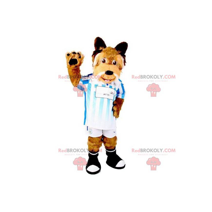 Mascotte de chien marron et blanc poilu et sportif -